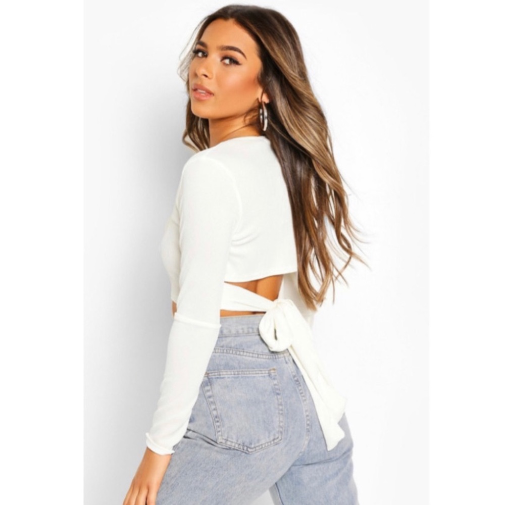 Boohoo White Long Sleeve Tie Back Rib Top